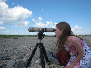 Girl looking through spotting scope on beach