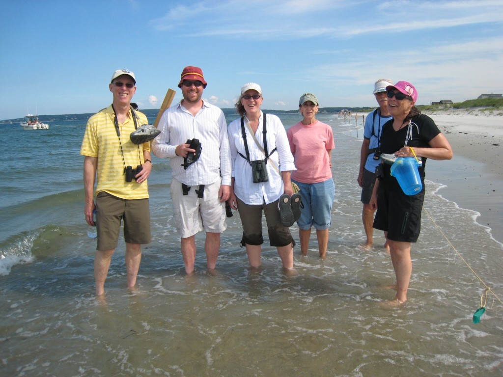 Six people with binoculars standing in the water.