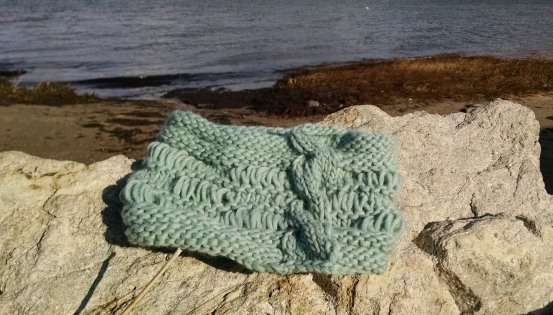 Seaside comfy cowl in seafoam green. Photo by M. Kurkoski