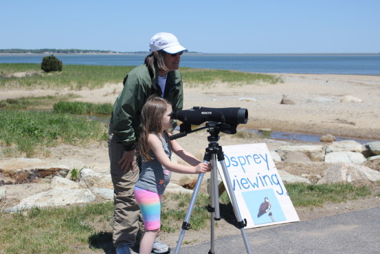 Beach Ambassador Lisa Meeks helps a young visitor use the spotting scope at the Osprey Viewing Station