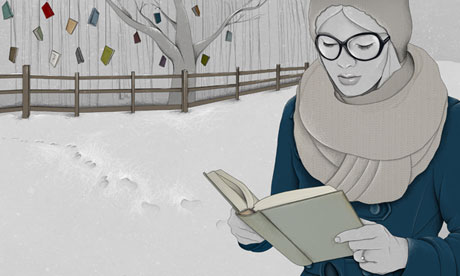 An Abby Wright illustration of a women reading a book outside in the snow