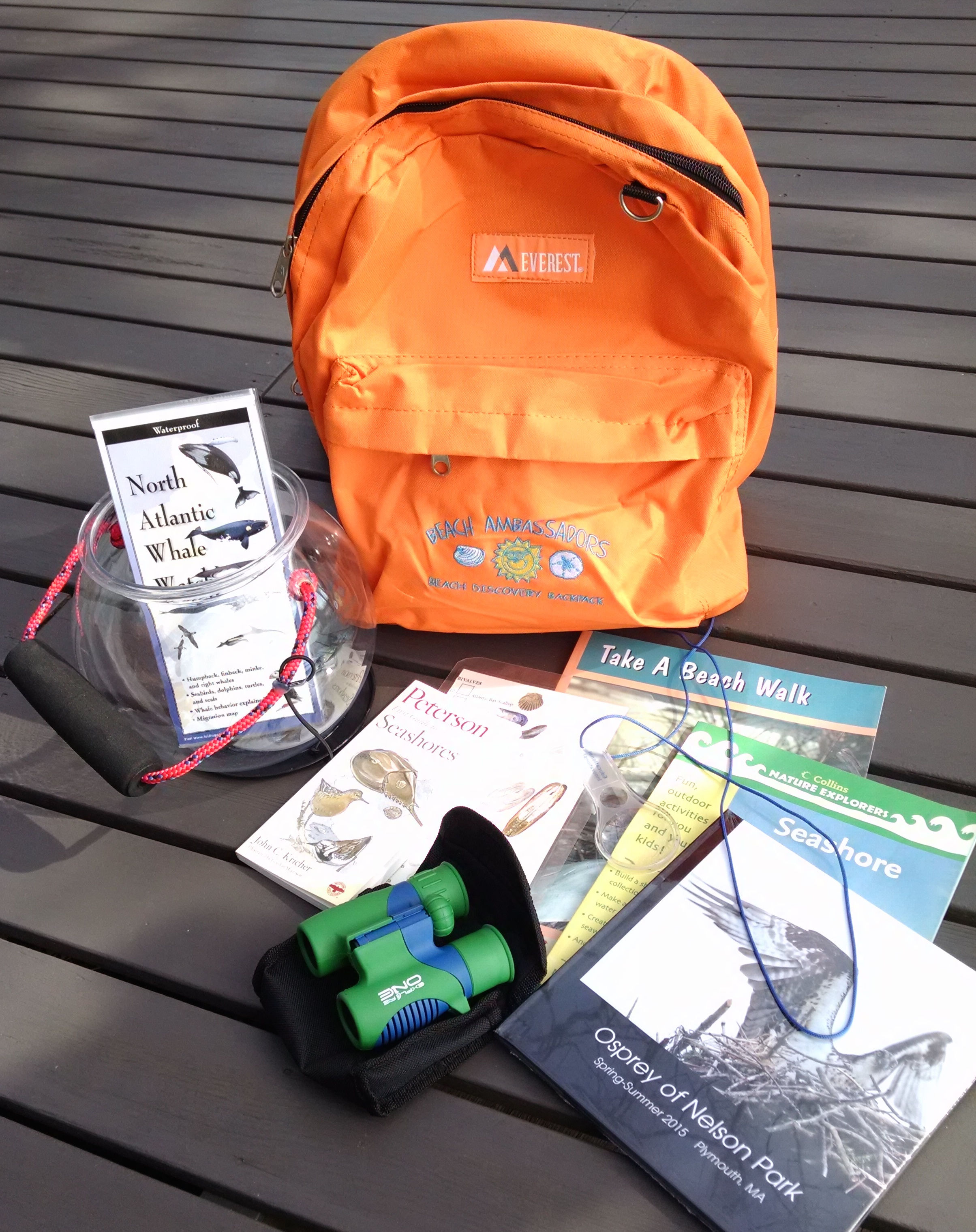 Binoculars, books and more in Beach Discovery Backpack