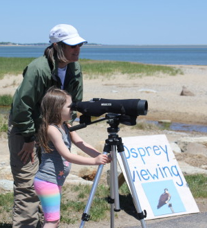 Looking through the spotting scope at the osprey